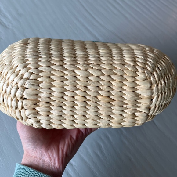 Floral Woven Straw Top Handle Summer Handbag Blue Cream - Picture 6 of 7